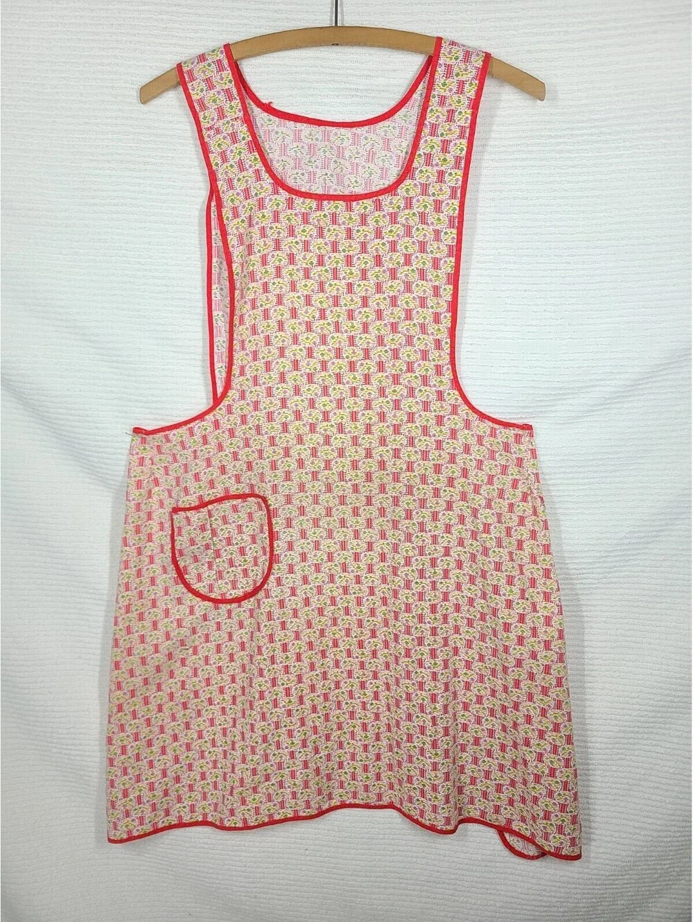 Vtg 50s Tie Back Apron Full Length Geometric Novelty Cotton Print Retro Kitchen